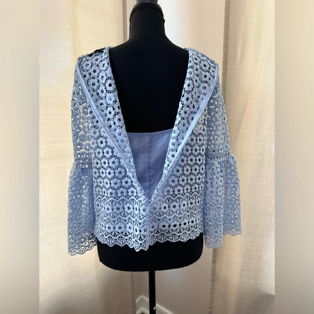 J.Crew Light Blue Daisy Lace 3/4 Bell-sleeve Top Sz 4 Boho Chic Coquette Classic
